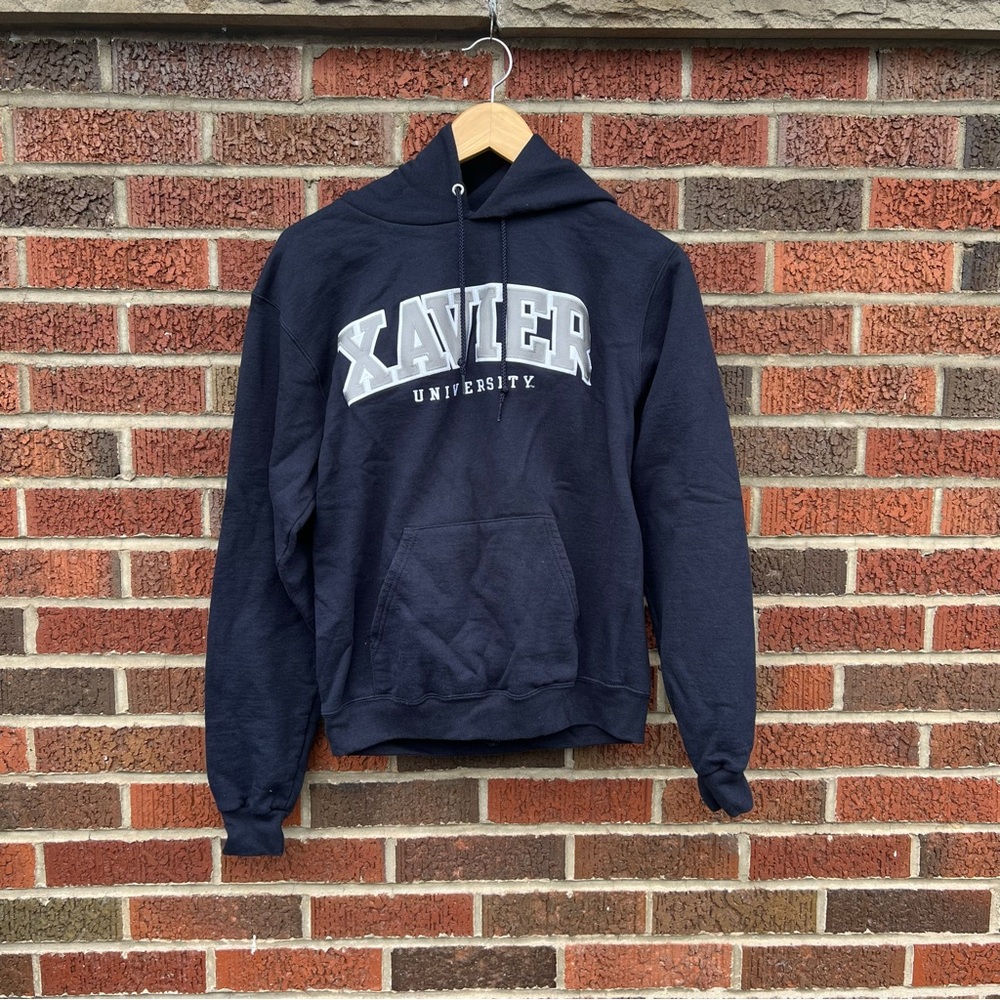 Champion Xavier University Navy Blue and Gray College Pullover Sweatshirt Hoodie